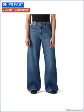 High Rise Cinch Baggy Wide Straight Leg Non-Stretch Jeans